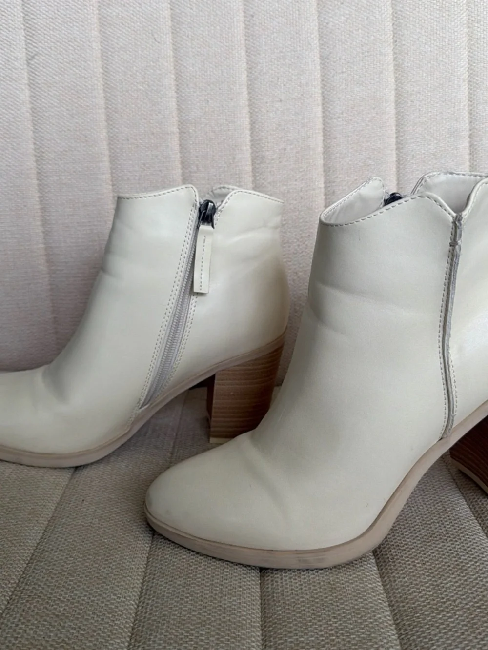 MIA Ivory Leather Ankle Booties with Stacked Heel